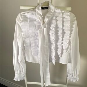Zara White Ruffled Bib Collar Blouse